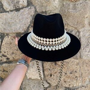 Chic Black Fedora Hat with Pearl Band